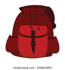 The backpack is tourist, sports, school fabric burgundy with a large zippered pocket in the middle and small pockets on the sides. Vector stock illustration isolated on white background.