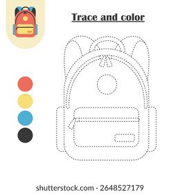 Backpack trace and color worksheet for kids. Great for preschool and kindergarten. Boosts fine motor skills, color recognition, and tracing practice. Printable educational activity.