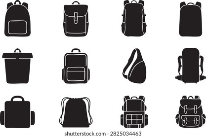 Backpack and travel bag icon set with black silhouettes for school hiking and outdoor adventure