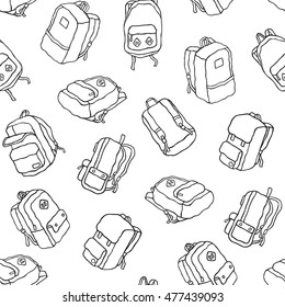 Backpack travel bag school bag doodle vector seamless pattern isolated wallpaper background white