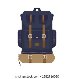 Rucksack für Reisen einzeln auf weißem Hintergrund. Tourist Retro Rucksack. Rucksack im klassischen Stil mit Schlafsäcken. Camp- und Wandertaschen und Rucksack.