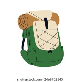 Mochila, mochila de viaje. Mochila de camping. Equipaje de senderismo, paquete para la aventura. Paquete turístico con estera. Equipaje de campistas. Ilustración vectorial gráfica plana aislada sobre fondo blanco