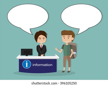 backpack traveler boy talking with staff at the information counter with speech bubbles. cartoon vector