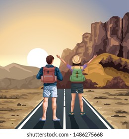 Backpack traveler couple standing with arms up on highway at desert vector illustration graphic design.