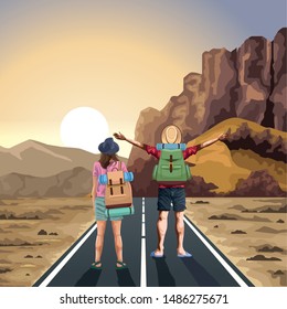 Backpack traveler couple standing with arms up on highway at desert vector illustration graphic design.