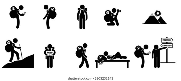 Backpack Traveler Explorer Stick Figure Pictogram Icon. A set of human pictogram representing the activity of a backpacker traveling, vector illustration.