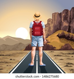 Backpack traveler looking horizont on highway at desert nature vector illustration graphic design.