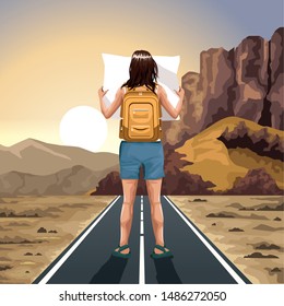 Backpack traveler looking map on highway at desert nature vector illustration graphic design.