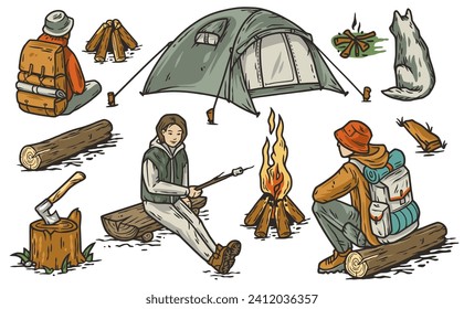 Backpack traveler, nature explorer wonderer man. Outdoor camping adventure and activities with tent and campfire