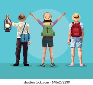Backpack travelers young tourists back with luggage set of cartoons, travel and adventure. vector illustration graphic design.