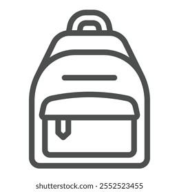 Mochila para el icono de línea de viaje, concepto de bolsa de viaje. Gráficos de Vector. Bolso con la muestra del bolsillo en el fondo blanco, icono del estilo del contorno para el móvil o el Diseño web