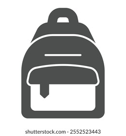 Mochila para viajar icono sólido, concepto de bolsa de viaje. Gráficos de Vector. Bolso con la muestra del bolsillo en el fondo blanco, icono del estilo del glifo para el móvil o el Diseño web