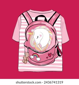 Backpack with unicorn. Kids t shirt graphic design and more