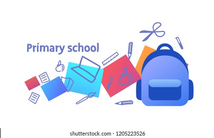 backpack with various supplies back to primary school concept bag sketch doodle horizontal vector illustration