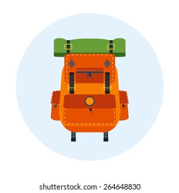 Backpack. Vector isolated bag for travel, baggage, tourism, hiking, camping.Equipment, rucksack, pack, back, design object. Adventure element.Orange and green colors.