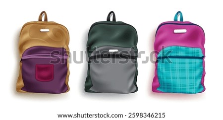 Backpack vector set design. 3d bag pack graphic collection isolated in white background with colorful pattern decoration for back to school educational bags. Vector illustration.
