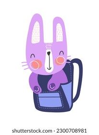 Backpack with violet rabbit concept. School and university symbol. Education and training. Bag with cute animal or toy for schoochildrens. Cartoon flat vector illustration