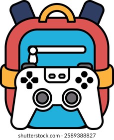 A backpack with a white controller in it. The backpack is red, blue and yellow