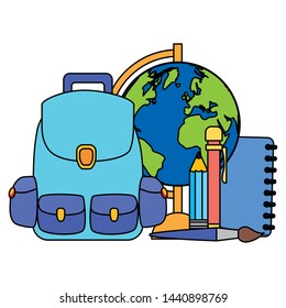 backpack world map book pencil brush back to school vector illustration