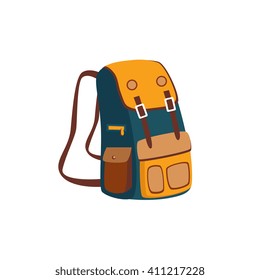 Backpack With Yellow Pockets Cartoon Simple Style Colorful Isolated Flat Vector Illustration On White Background