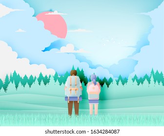 Backpacker with beautiful natural landscape paper art style with stunning cloud background and pastel color scheme vector illustration