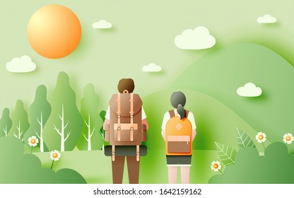 Backpacker with beautiful natural landscape paper art style background and pastel color scheme vector illustration