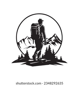 Backpacker black and white vector logo design