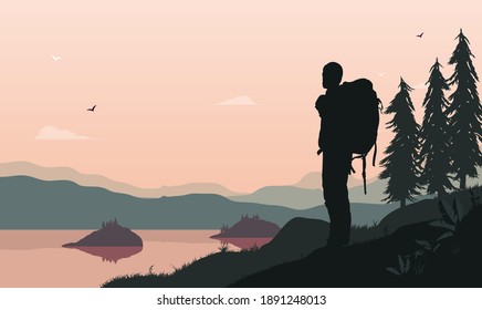 Backpacker by lake - Man standing in beautiful landscape watching the view with backpack. Going on trip in nature alone concept. Vector illustration.