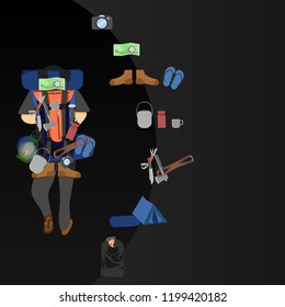 the backpacker camera map shoes water bottle rope string cord lasso line thread packthread plan chart shoe footwear boot mule sandal slipper slippers Folding clasp 
 penknife vector illustration eps10