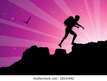 backpacker climbing on top of mountain, vector illustration