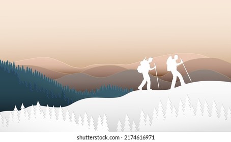 Backpacker climbing to the top of  frost.Vector paper cut style.