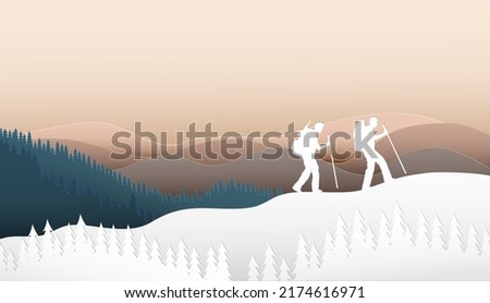 Backpacker climbing to the top of  frost.Vector paper cut style.