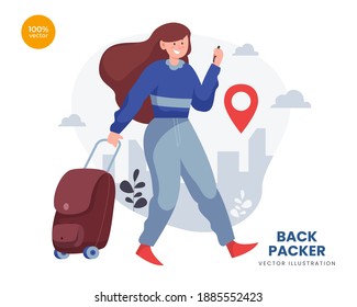 Backpacker concept vector Illustration idea for landing page template, The woman or girl make a vacation for adventure destination. Flat Styles