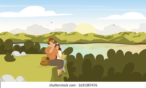 Backpacker couple flat vector illustration. Hikers on green hill. Man with binoculars, woman on mountain peak. Sunrise on river stream. Panoramic landscape scene. Tourist group cartoon characters