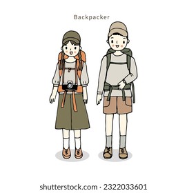 Backpacker couple, happy couple traveling. Hand drawn style vector illustration.