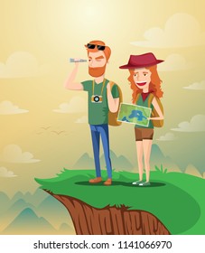 Backpacker Couple planning the route and looking at the map on the mountains