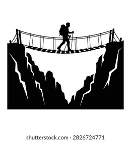 Backpacker crossing rope bridge between cliffs. Adventure travel and exploration concept in high altitude mountains.
