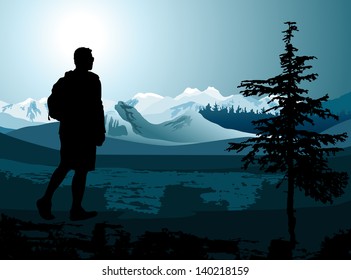backpacker enjoying of a mountain valley view 