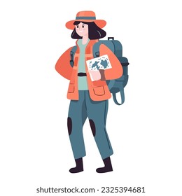 Backpacker exploring nature with equipment and map icon isolated