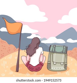 Backpacker female sitting on the hill with flag, nature view with mountain and cloud on sky, cartoon character style flat vector illustration