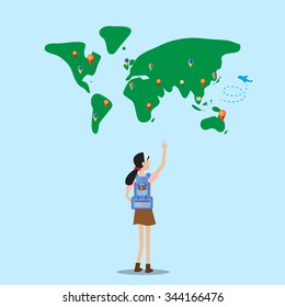 backpacker girl  stand in front of world map selecting destination to go