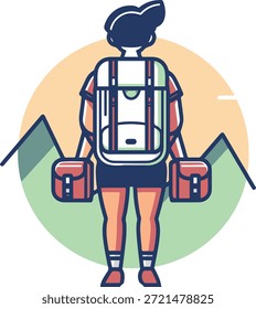 Backpacker with heavy rucksack carrying side bags facing mountains during outdoor travel adventure exploration hiking tourism vacation journey