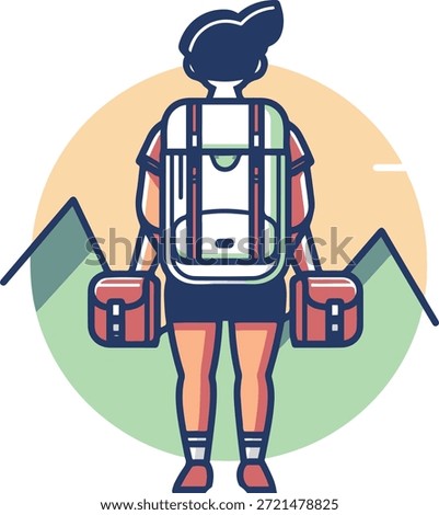 Backpacker with heavy rucksack carrying side bags facing mountains during outdoor travel adventure exploration hiking tourism vacation journey