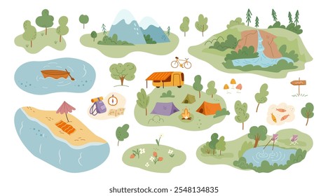 Backpacker and hiker track for tourism and trip. Vector in flat style, isolated spots for hiking and fishing, resting on beach and tanning, fishing and biking, mountains and camper vans