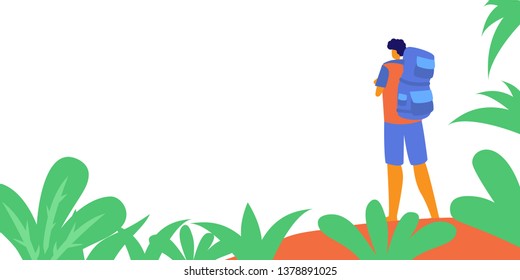 Backpacker, hiker, traveller or explorer standing and looking at nature. Hiking, backpacking, adventure tourism and travel, discovery of new horizons. Modern flat