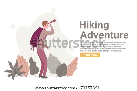Backpacker, hiker, traveller or explorer standing, holding red flag and looking at nature. Hiking, backpacking, adventure tourism and travel, discovery of new horizons. Flat vector illustration.