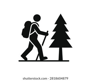 Backpacker hiker walking with trekking stick in pine forest line art vector icon. Outdoor hiking adventure, forest camping, nature trekking, and eco tourism.