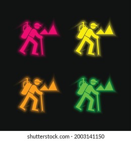 Backpacker Hiking four color glowing neon vector icon