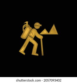 Backpacker Hiking gold plated metalic icon or logo vector