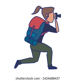 Backpacker hiking tourist adventure with camera isolated isolated vector illustration graphic design